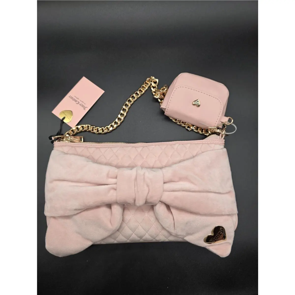 Juicy Couture Pink Shoulder Bag Quilted Bow Gold Chain Strap Coin Purse Women