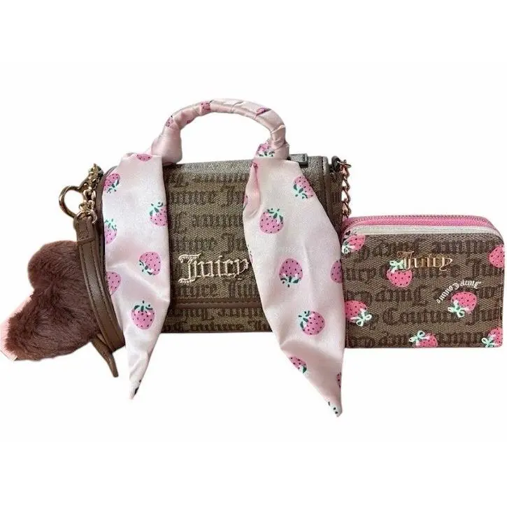 Juicy Couture Brown Logo Crossbody Bag w/ Strawberry Scarf + Zip Wallet Set