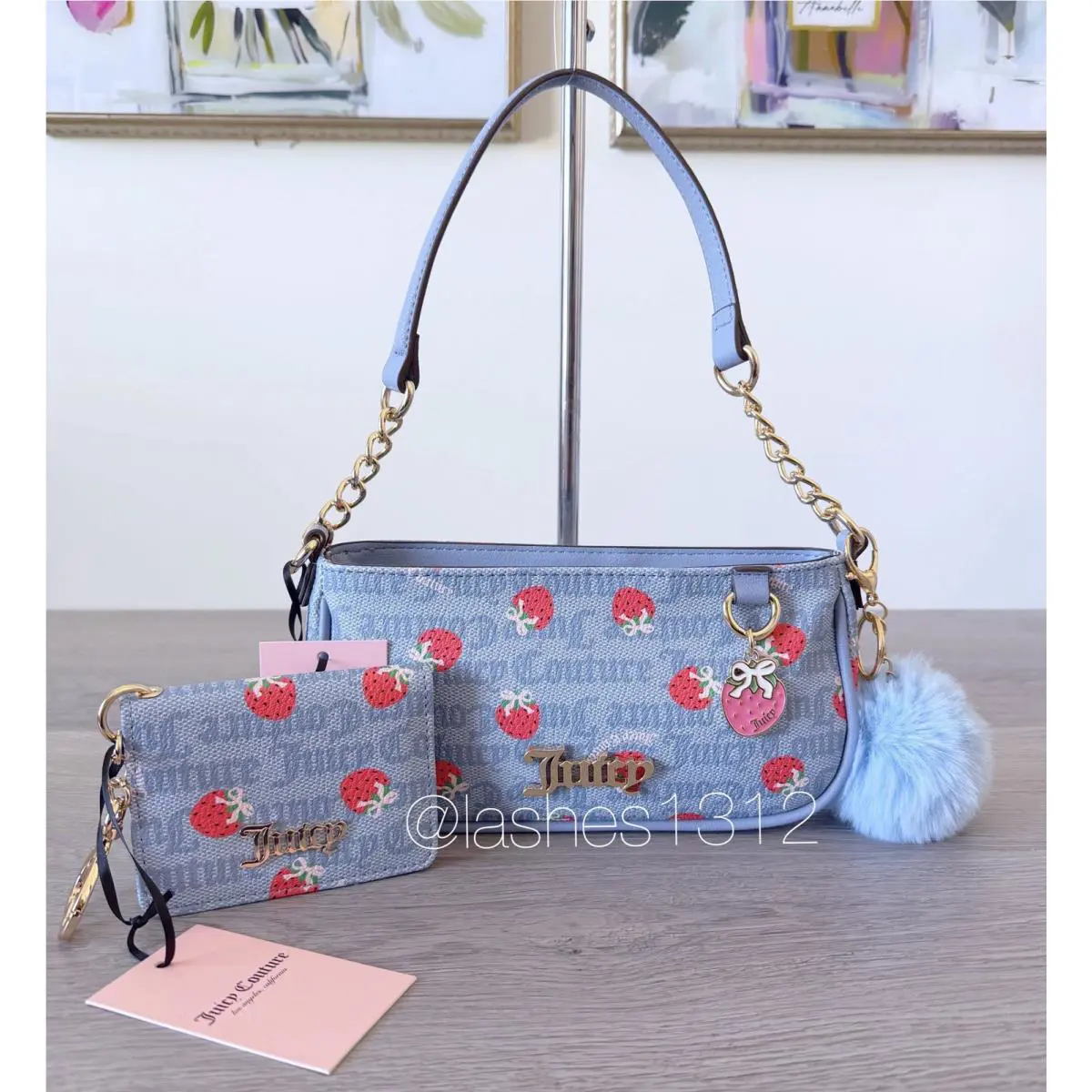 Juicy Couture Berry Sweet Shoulder Bag and Wallet Set - Blue with Strawberry