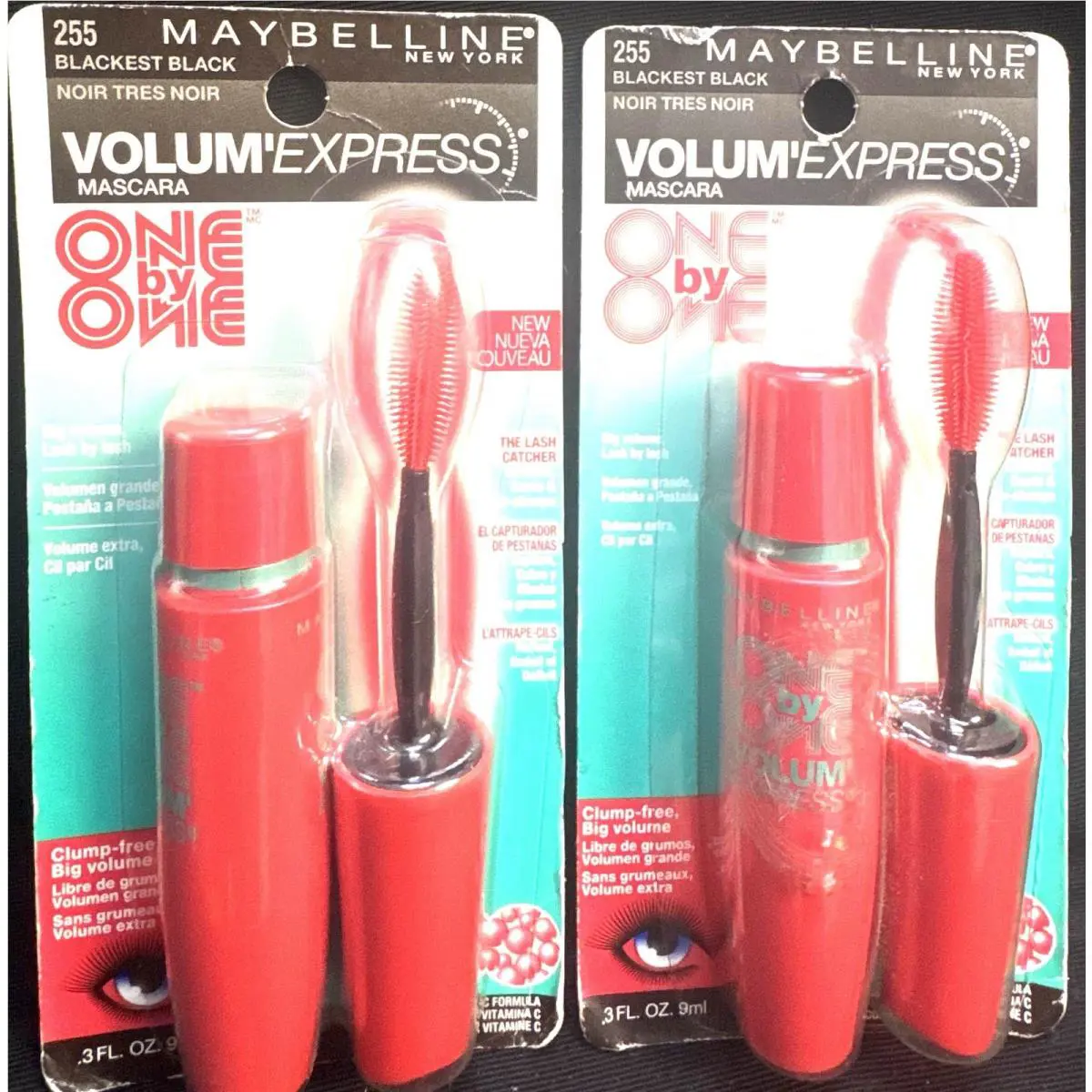 2 Maybelline Volum` Express 255 Blackest Black 0.3oz Creased Packaging