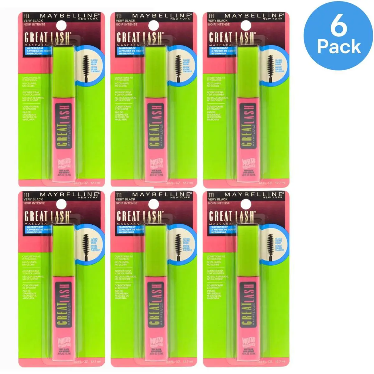 Maybelline Great Lash Waterproof Mascara Very Black 6 Pack 0.43oz