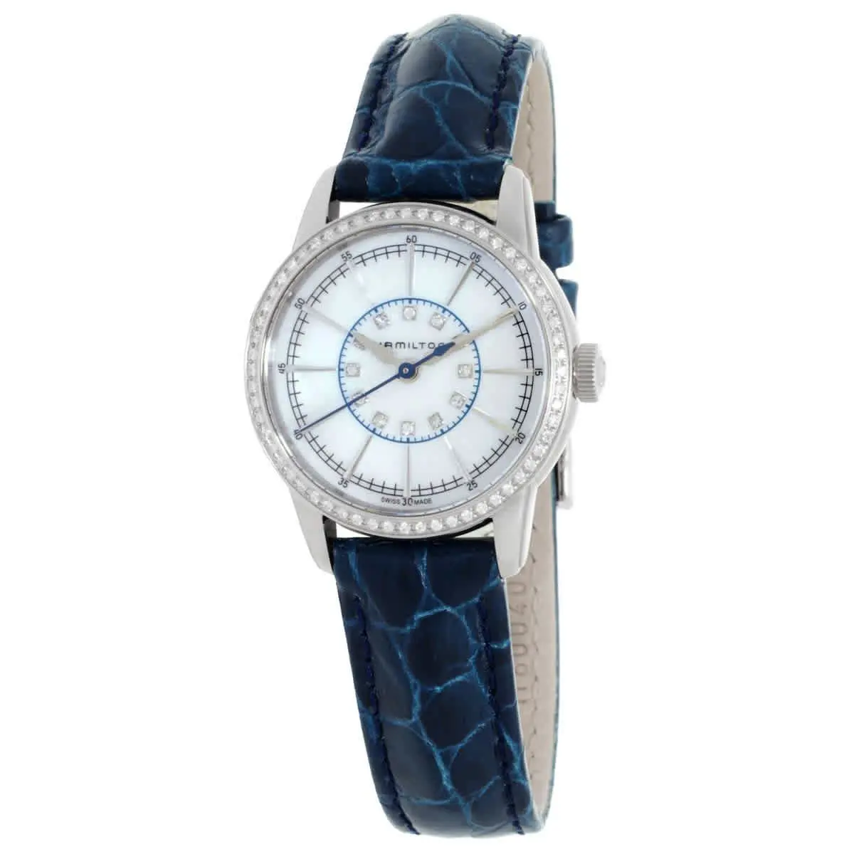 Hamilton Railroad White Mop Dial Blue Leather Ladies Watch H40391691 - Dial: White, Band: Blue, Bezel: Silver, White