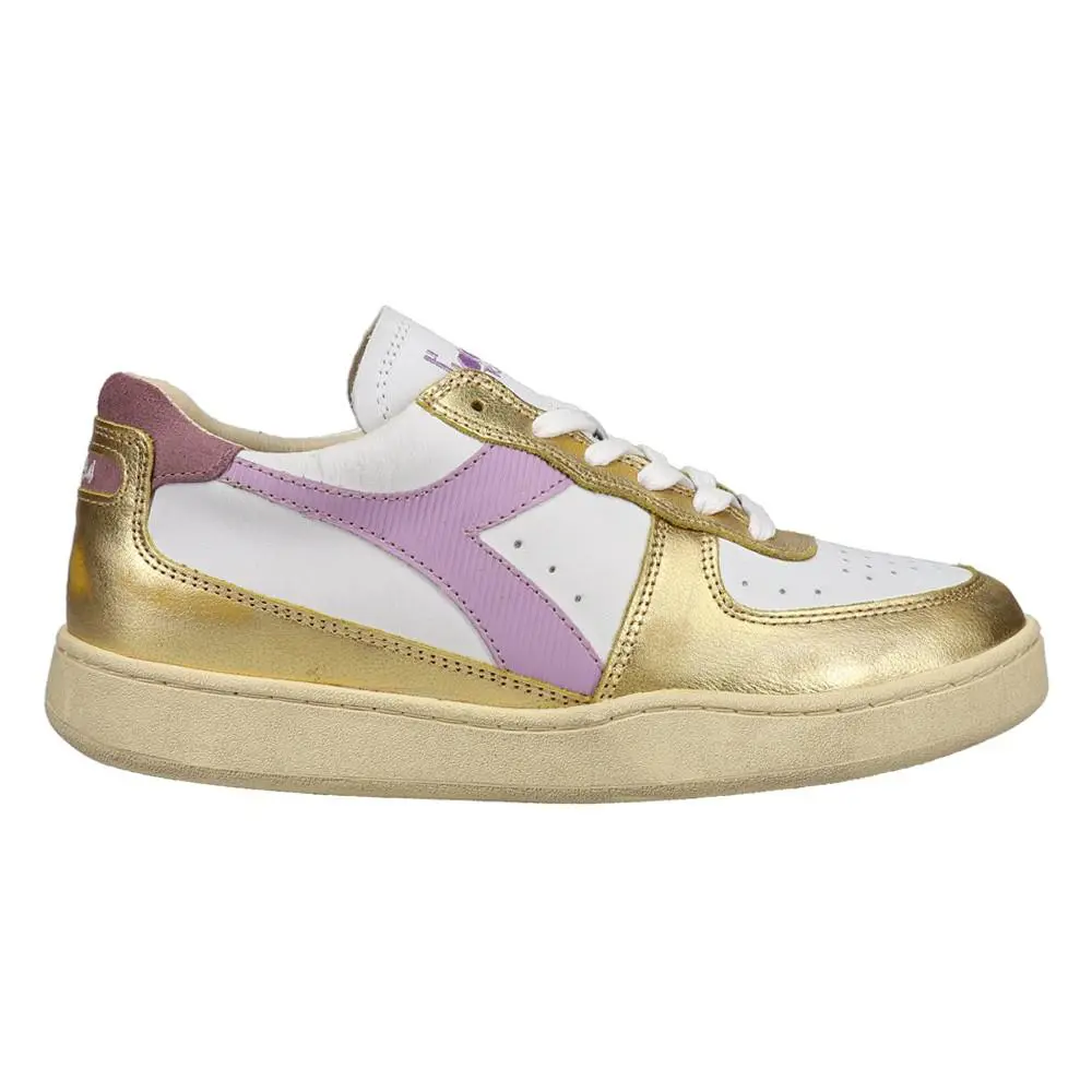 Diadora Mi Basket Low Metallic Dirty Lace Up Mens Gold White Sneakers Casual S - Gold, White