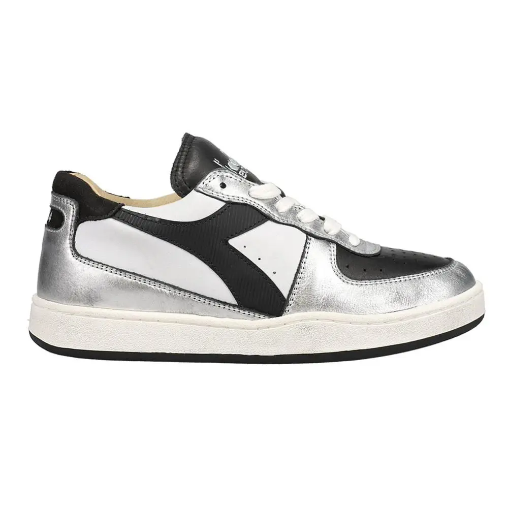 Diadora Mi Basket Low Metallic Dirty Lace Up Mens Black Silver White Sneakers - Black, Silver, White