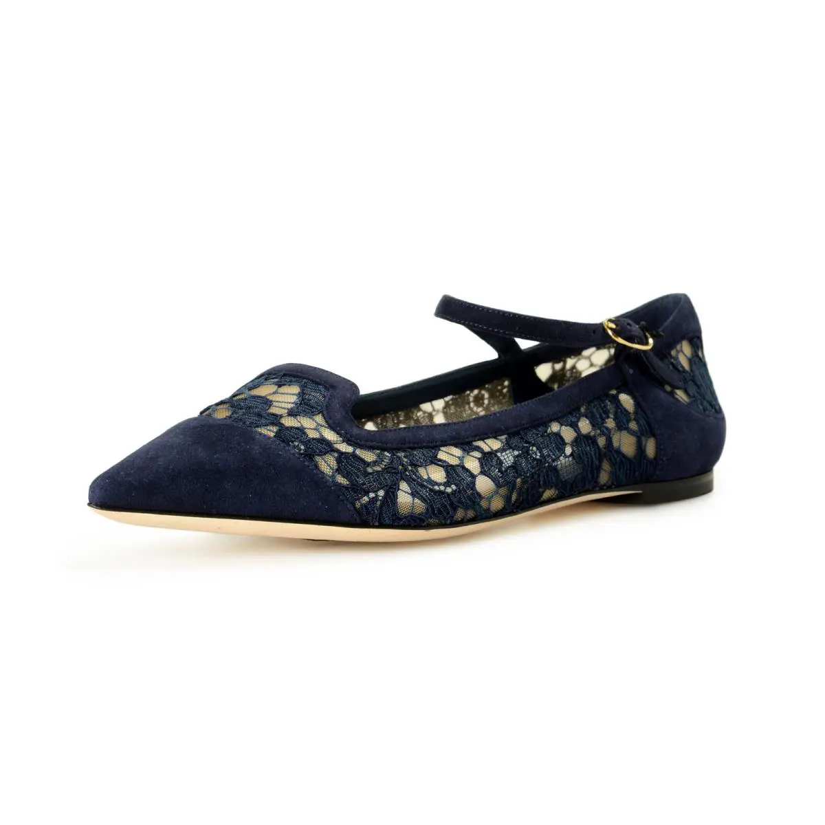 Dolce Gabbana Women`s Navy Blue Lace Leather Ballet Flat Shoes US 7 IT 37 - Navy Blue