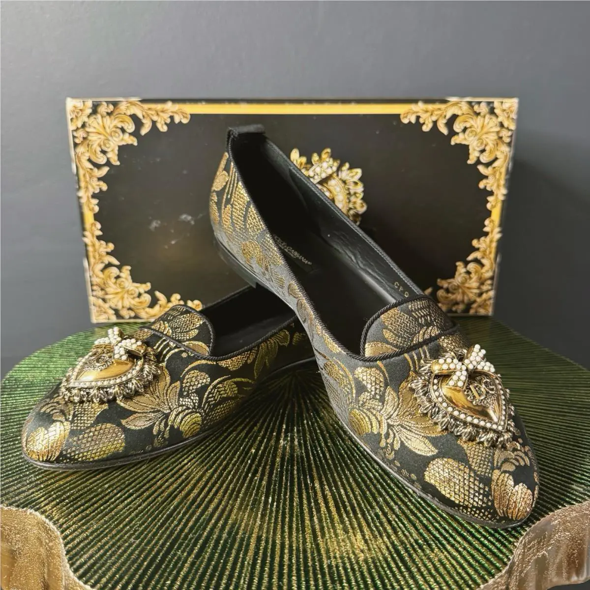 Dolce Gabbana DG Jacquard Loafers Gold Black Sacred Heart Flats 36.5