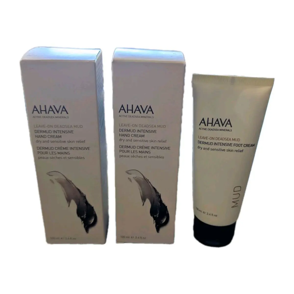 Ahava Dermud Intensive Hand Foot Cream Set 3.4oz Dead Sea Mud Relief Trio