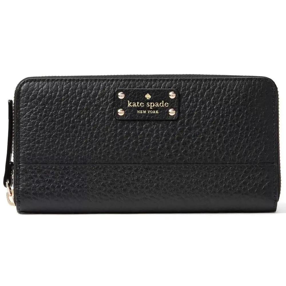 New Kate Spade Women`s Black Pebbled Leather Zip Around Wallet Clutch Bag