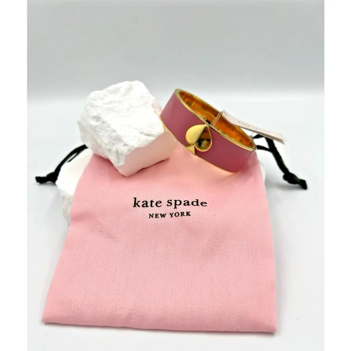 Kate Spade Pink Heritage Spade Gold Tone Hinged Bangle Bracelet W/bag