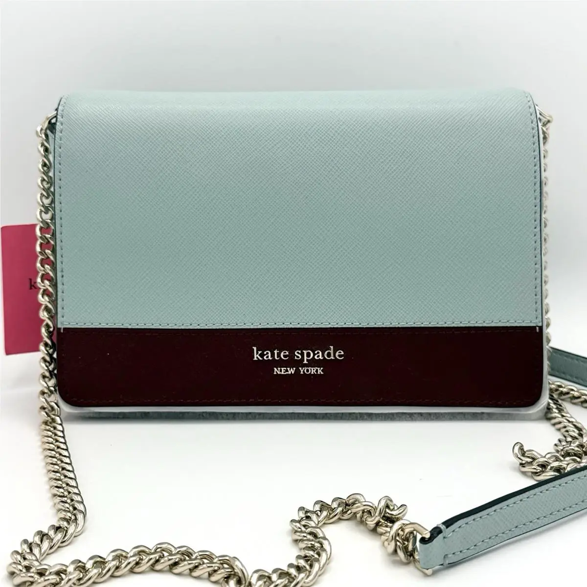 Kate Spade Spencer Blue Burgundy Chain Wallet Flap Crossbody Bag Purse Woc