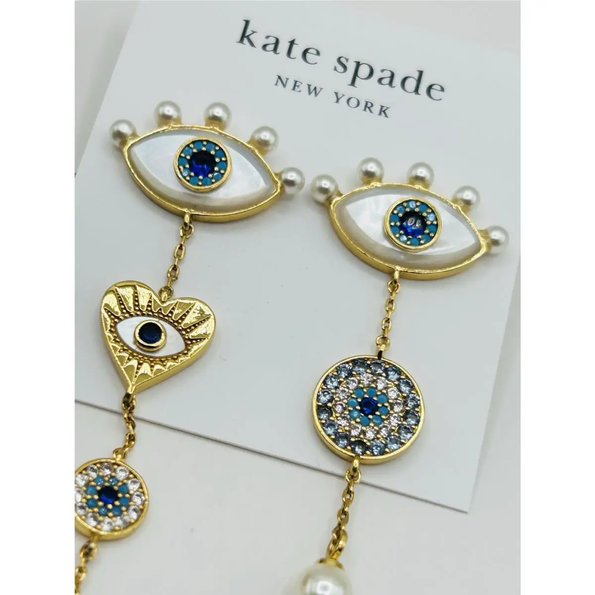 Kate Spade All Seeing Evil Eye Heart Pave Long Linear Earrings Gold Plated New