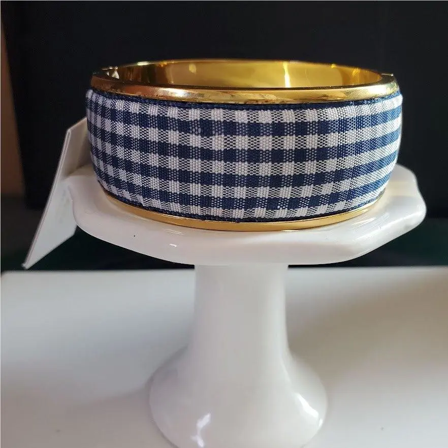 Kate Spade Set Sail Gingham Bangle Bracelet Navy Multi Gold Plate with Pouch
