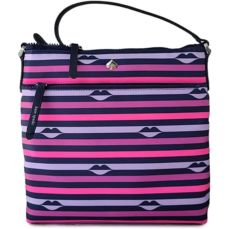Kate Spade Jae Nylon Flat Crossbody Hand Bag Stripes Multi Color Lips Print