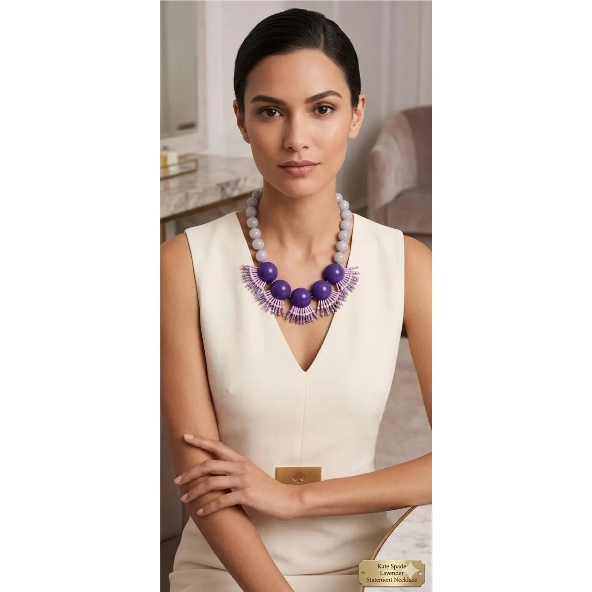 Kate Spade Lavender Silver Tone Glass Bead Fringe Statement Necklace A10