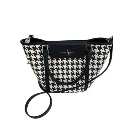 Kate Spade Cruise Woven Houndstooth Straw Medium Tote Black Leather