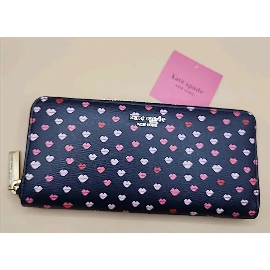 Kate Spade Sylvia Lips Slim Continental Zip Wallet Kiss Print Large Navy Gold