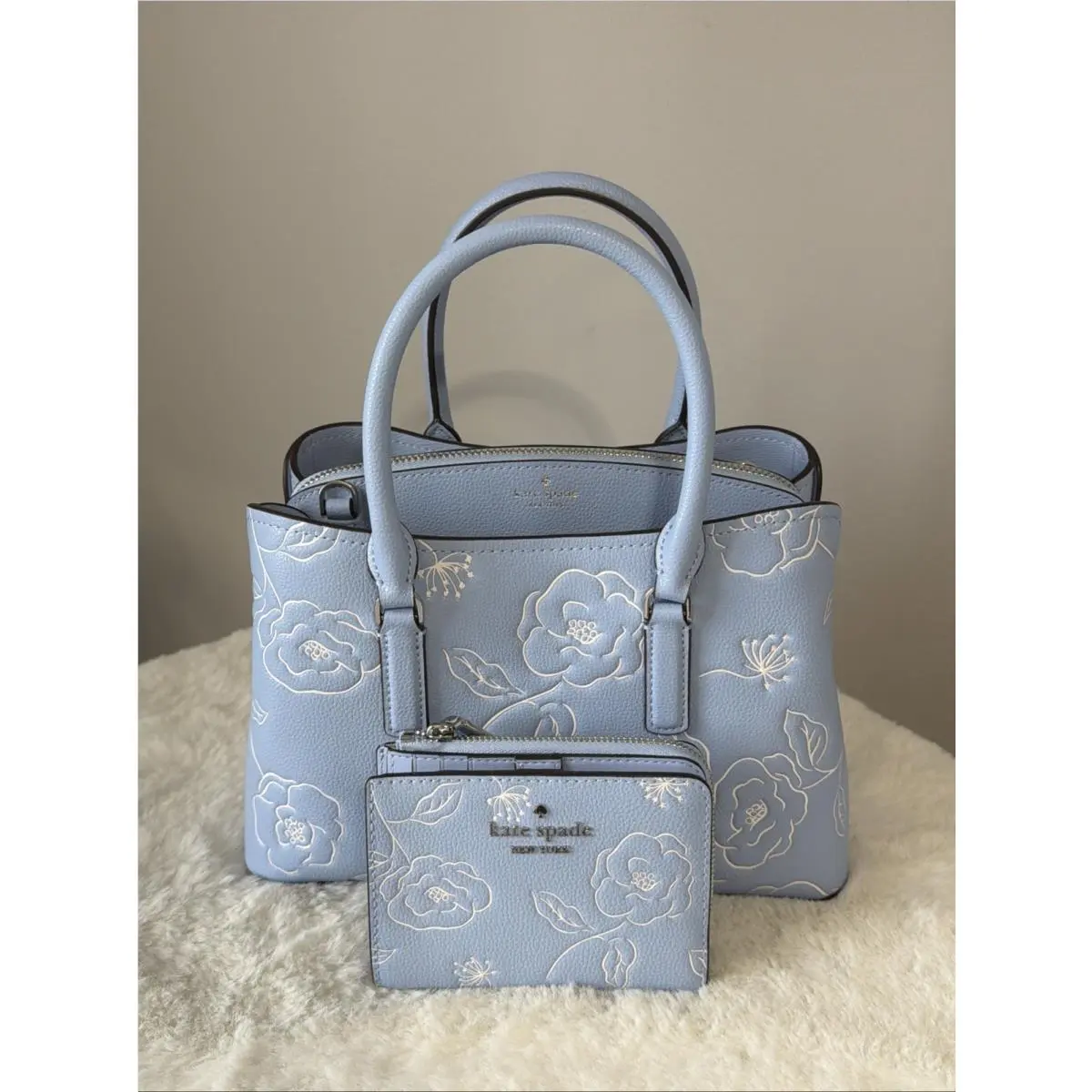 Kate Spade Thompson Street Embossed Leather Satchel Crossbody Blue + Wallet