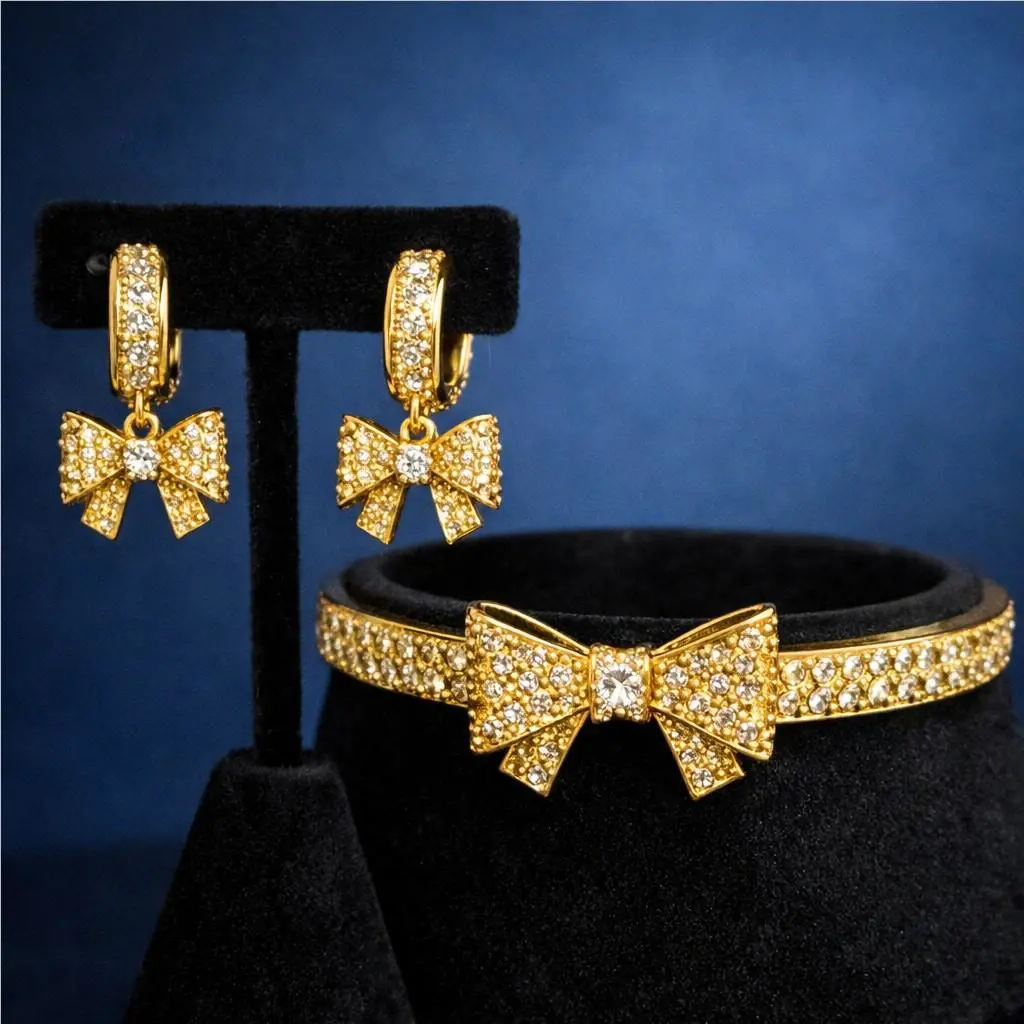 Kate Spade Gold Bow Huggie Earrings Bracelet Set Sparkling Crystal Accent
