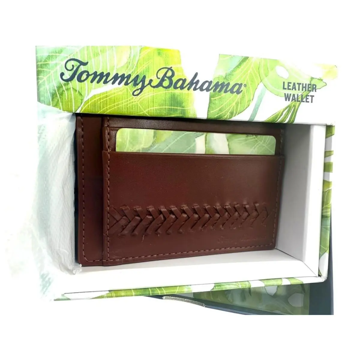 Tommy Bahama Mens Tan Leather Laced Detail Card Case Wallet Gift Boxed