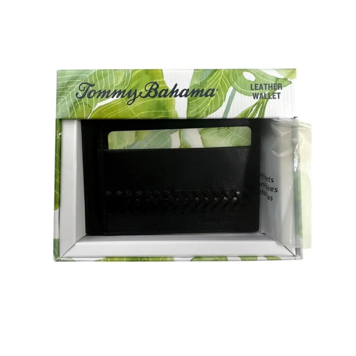 Tommy Bahama Mens Black Leather Card Case Laced Detail Wallet Gift Boxed