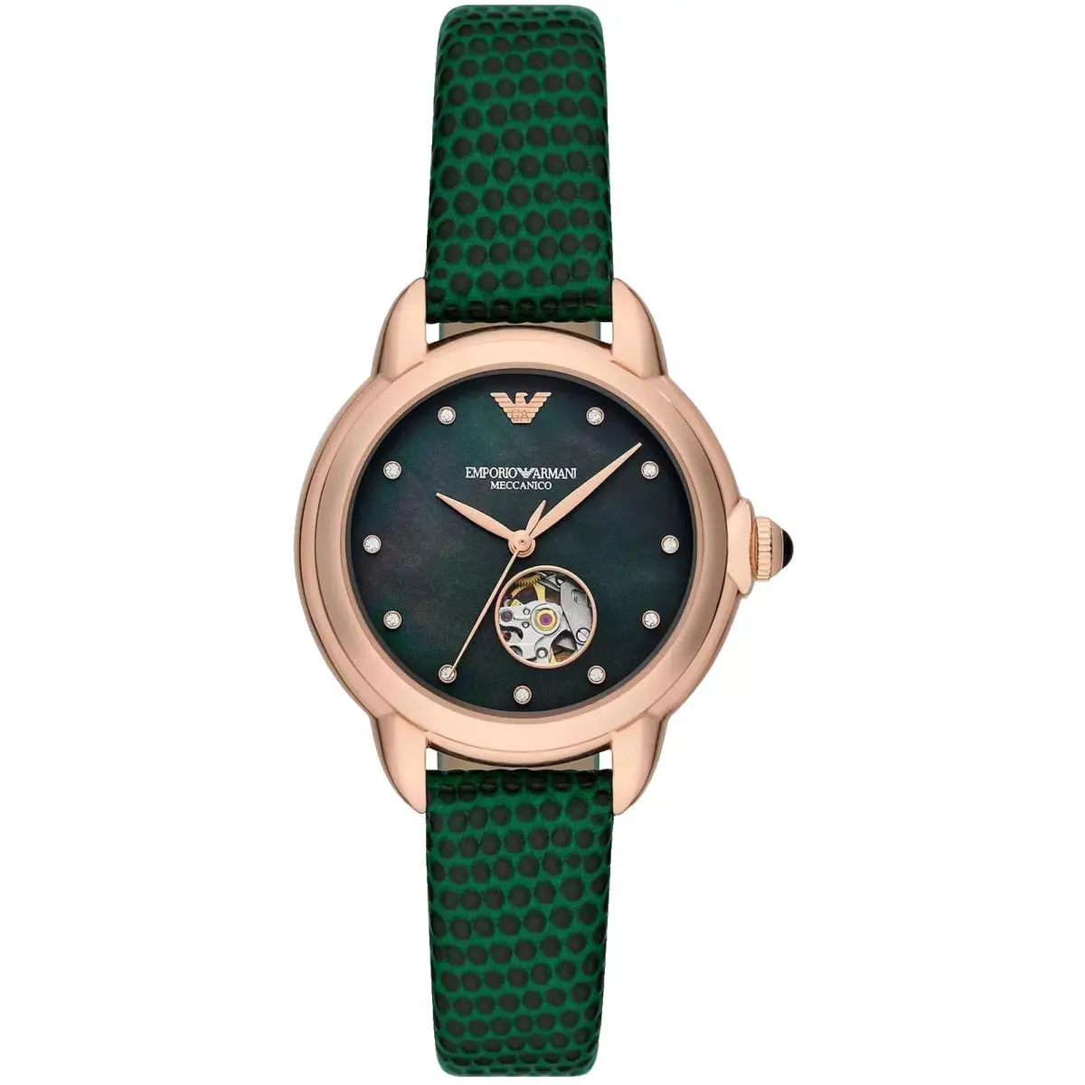 Emporio Armani AR60073 Green Dial Leather Strap 34MM Rose Gold Womens Watch