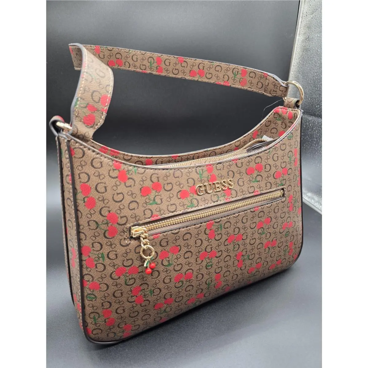 Guess Brown Cherry Print Shoulder Bag Charm Logo Zip Closure Women