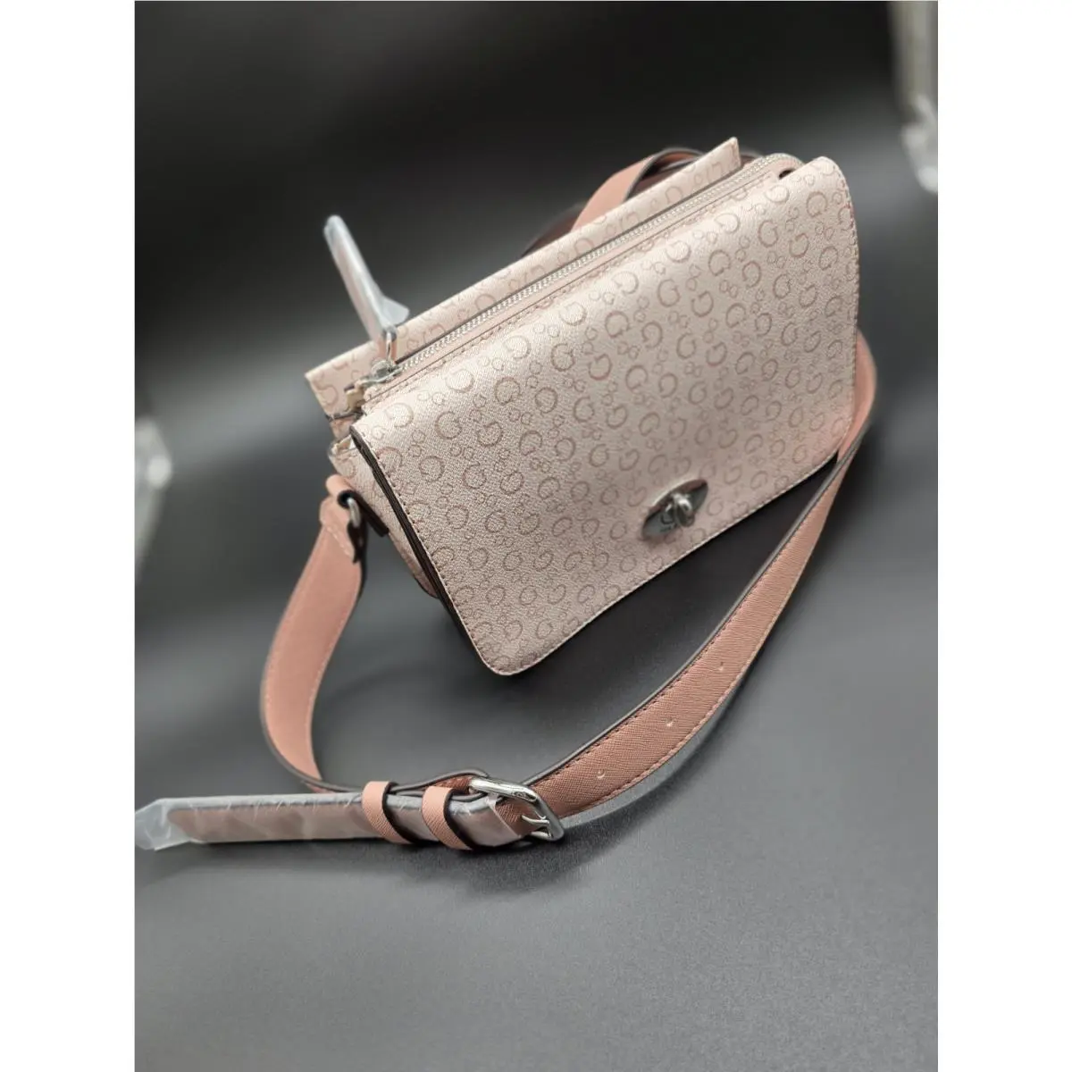 Guess Blush Pink Logo Crossbody Zip Closure Silver Hardware