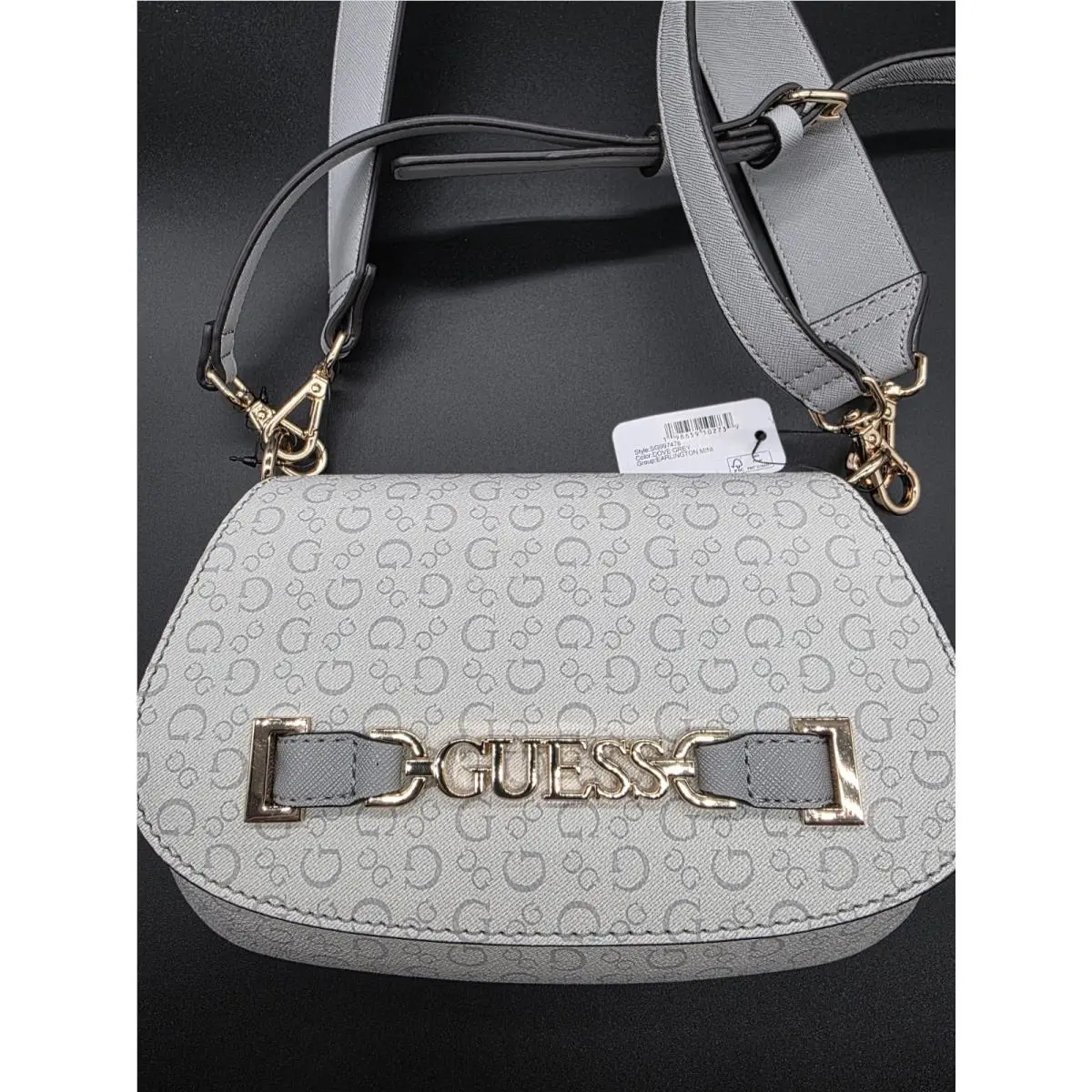 Guess Gray Shoulder Bag Logo Pattern Detachable Strap Gold Hardware Women