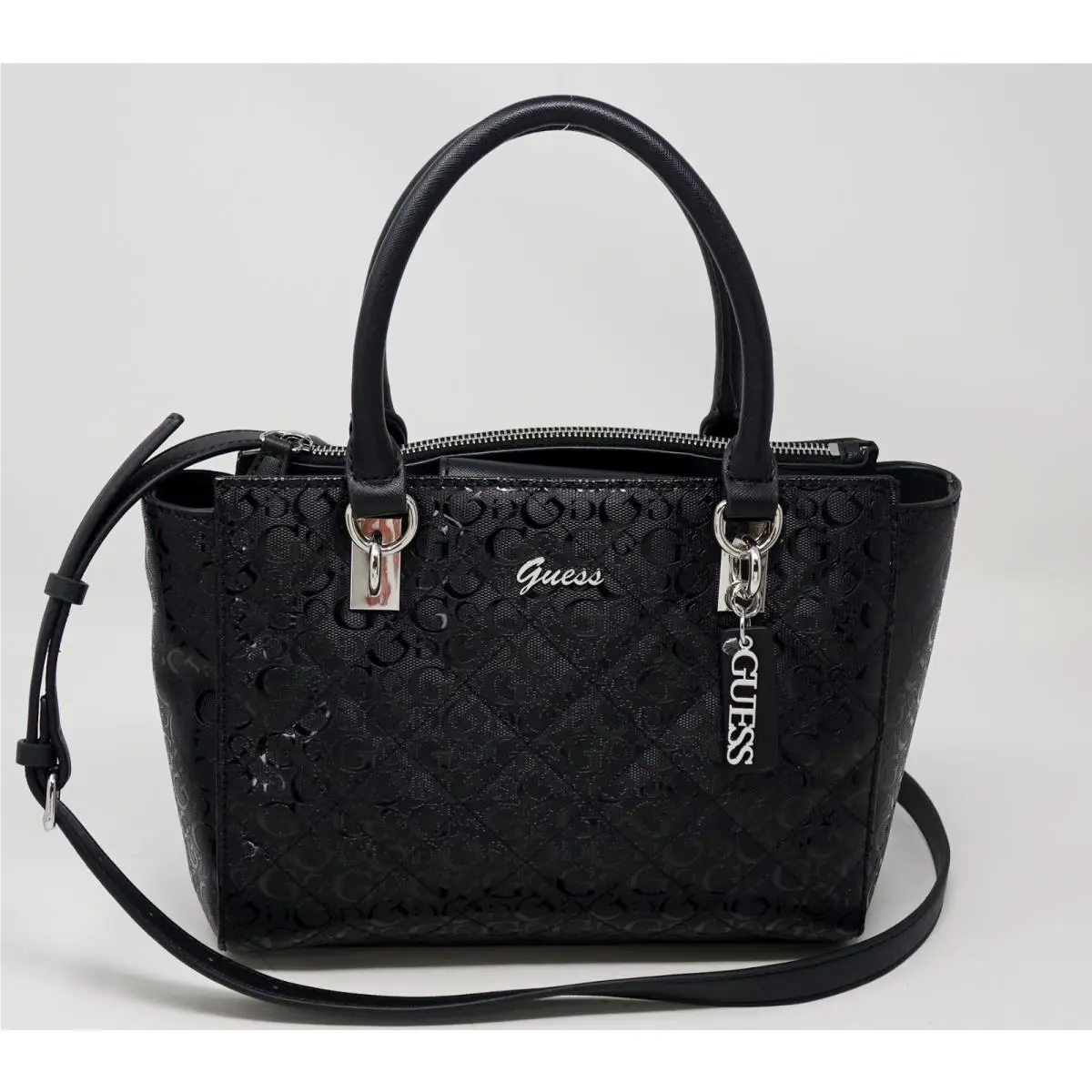 Guess Cyrielle Black Logo Embosed Quilted Satchel Crossbody Handbag Bag