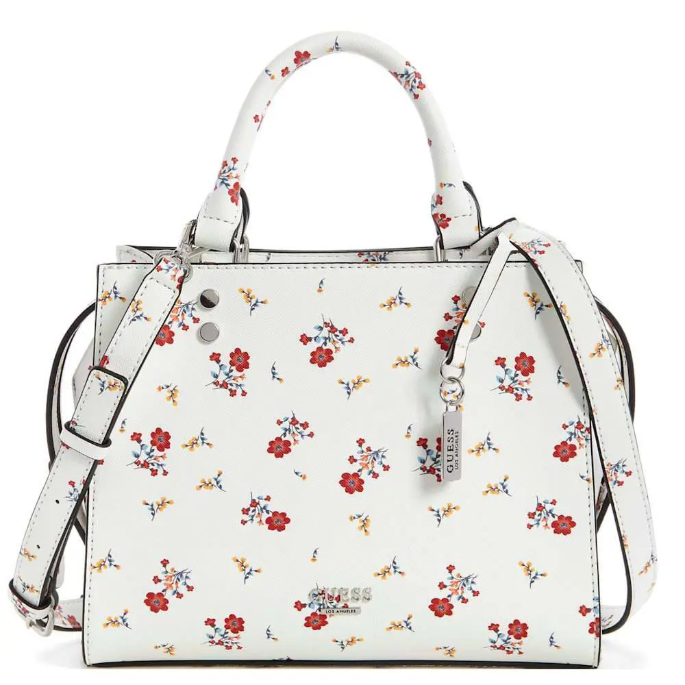 Guess Pink Floral Print Crossbody Satchel Bag Handbag Purse - White Multi - Lining: Beige, Exterior: White / Pink