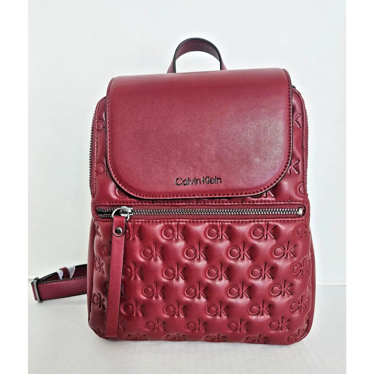 Calvin Klein Garnet Backpack Women`s Red Leather - CK Logo Imprinted