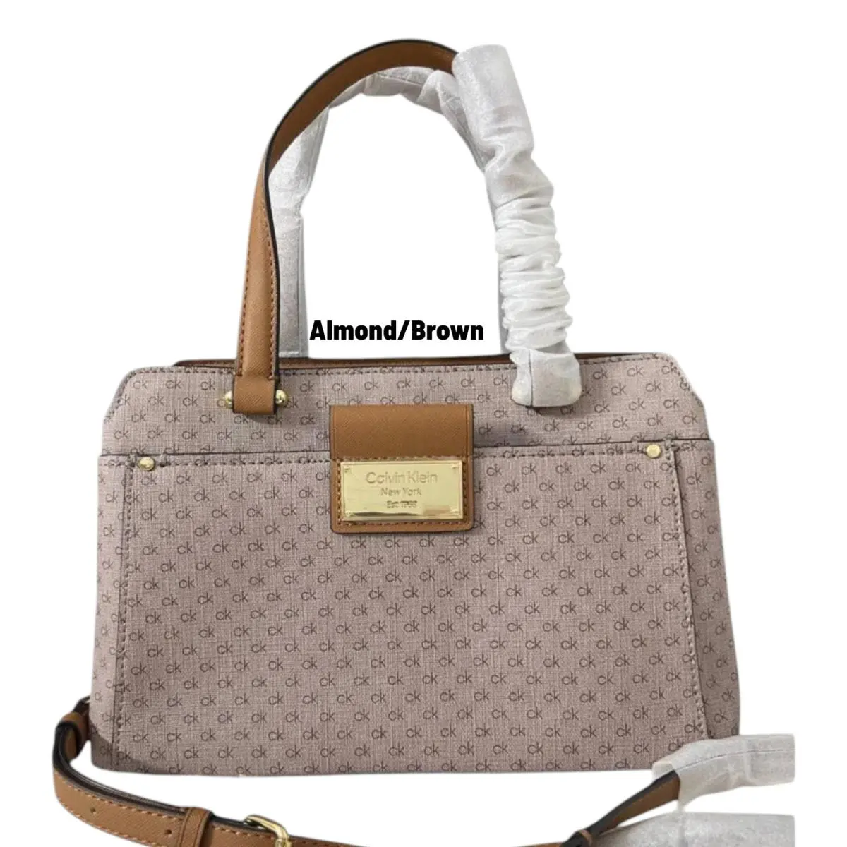 Calvin Klein Women`s Triple Compartment Satchel Crossbody Bag Almond/brown