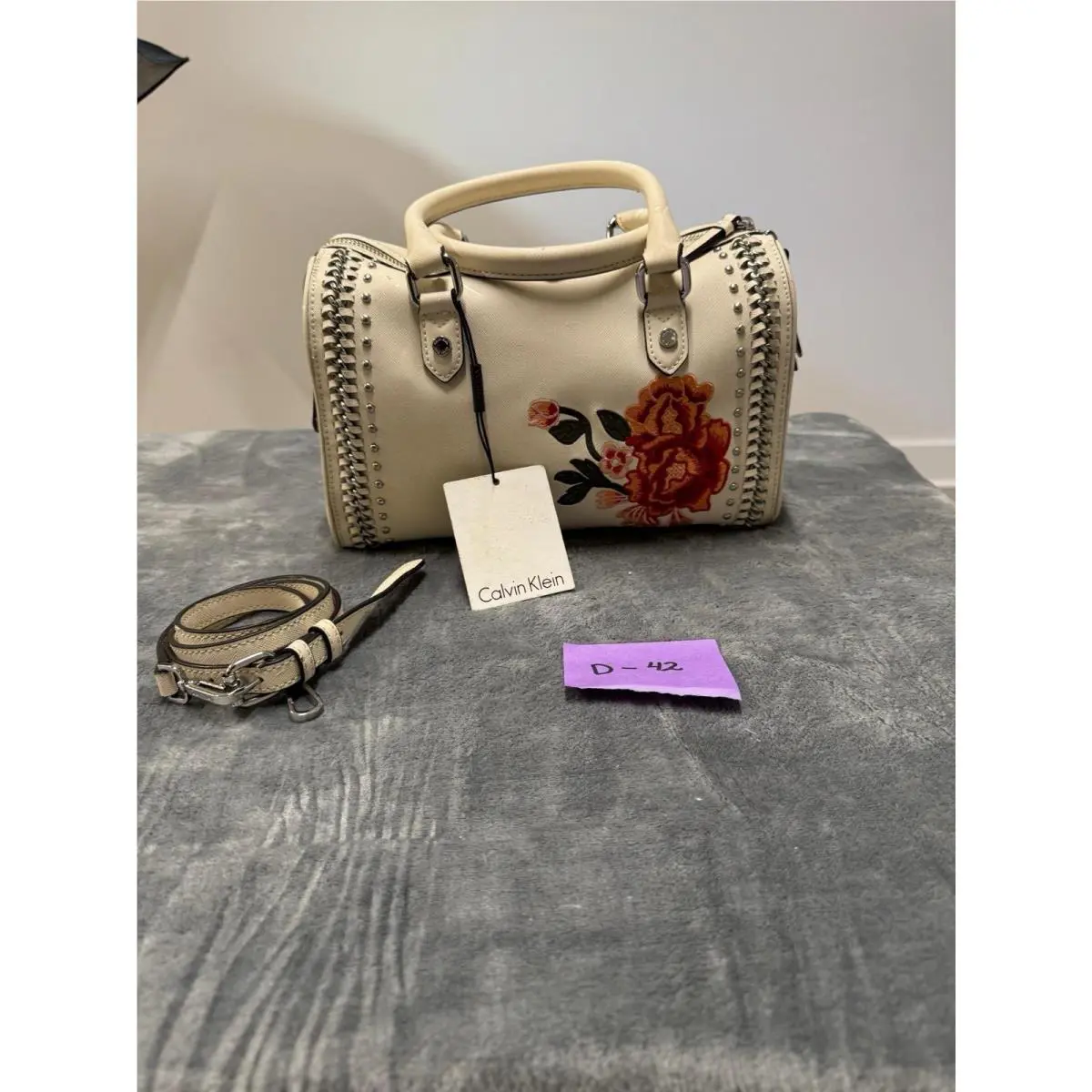 Calvin Klein Leather Satchel Mother`s Day Floral White/silver Scratches