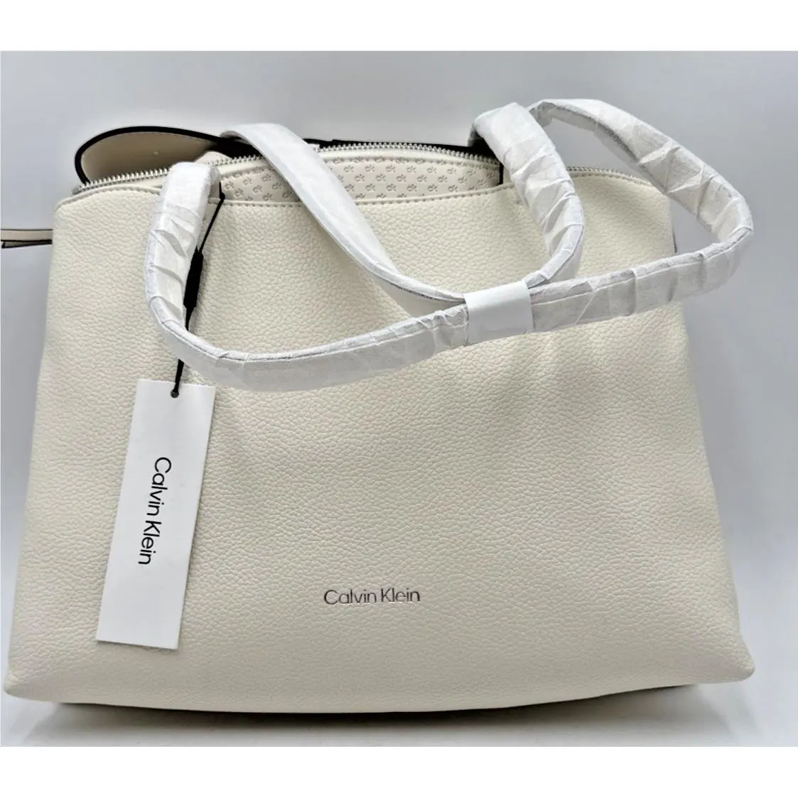 Calvin Klein Chrome Faux-leather Zip Top Medium Tote Crossbody Bag White Defect