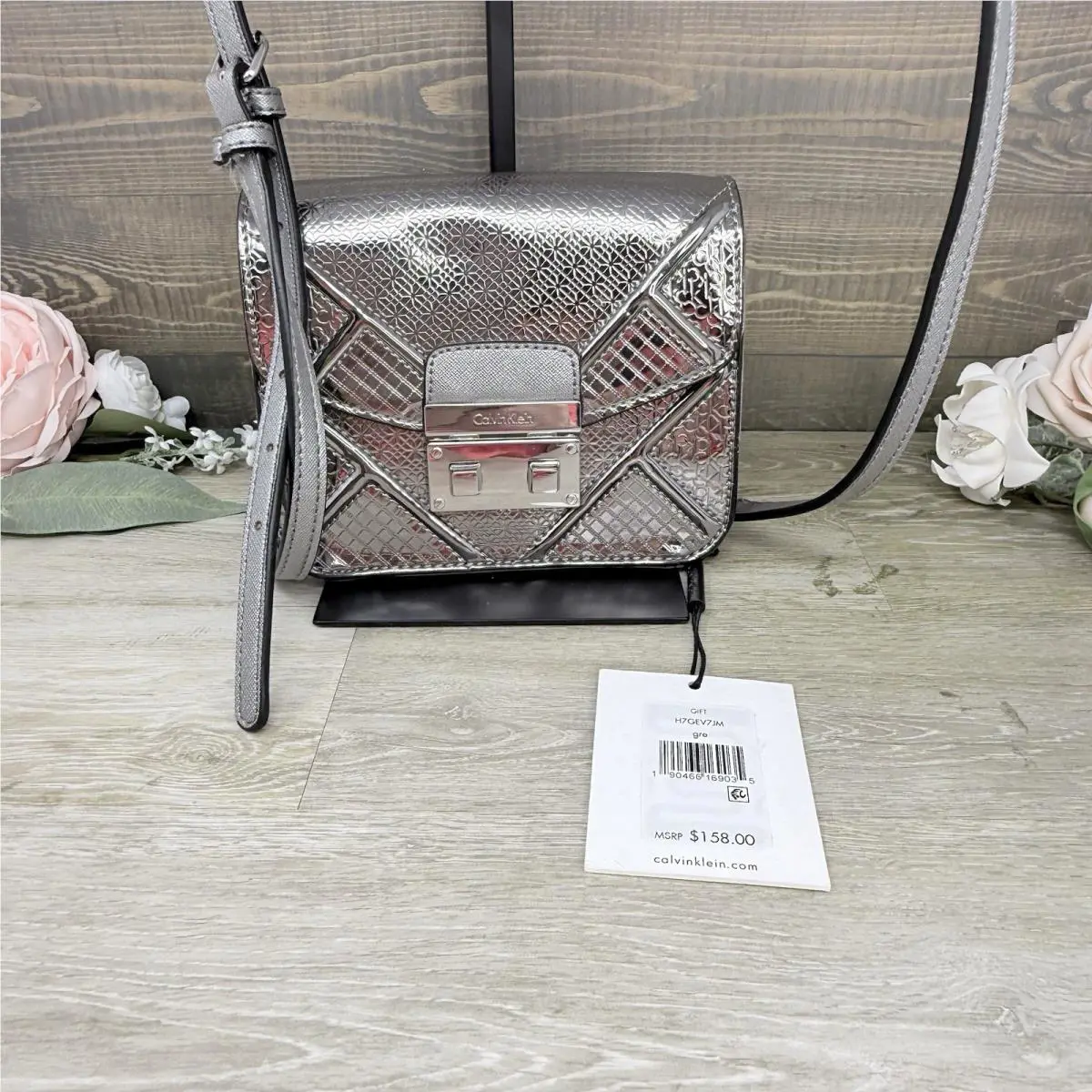 Calvin Klein Saffiano Metallic Silver Crossbody Chain Purse Clutch Pushlock