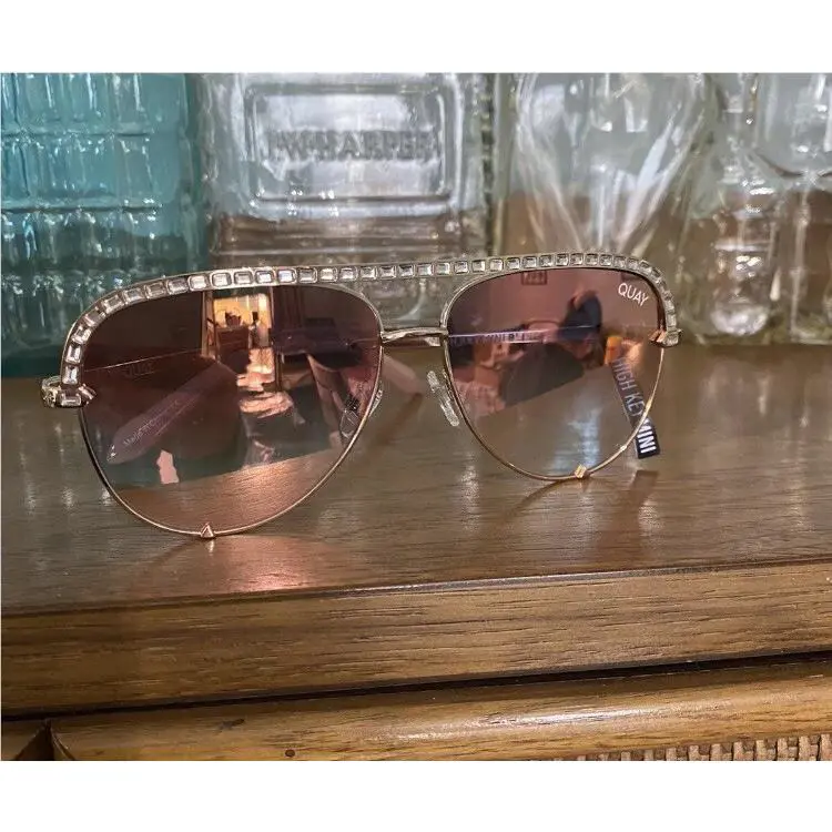 Quay Australia High Key Mini Bling Aviator Sunglasses Rose Copper Fade Mirror