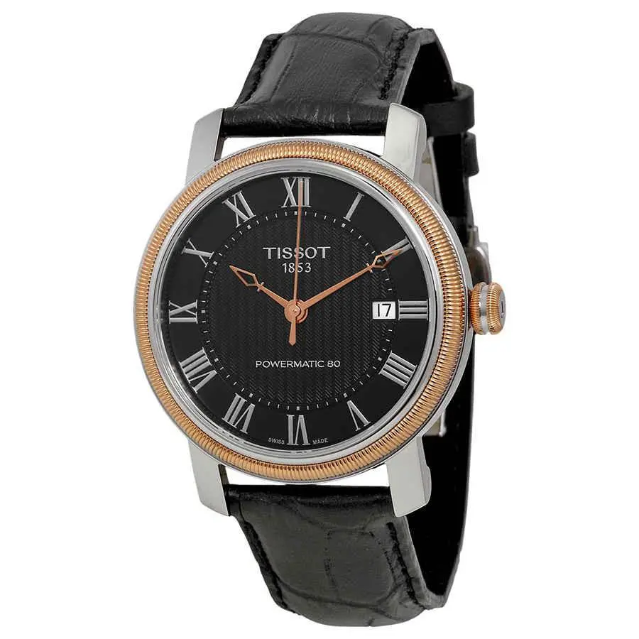 Tissot T-classic Bridgeport Powermatic 80 Black Dial Men`s Watch T0974072605300 - Dial: Black, Band: Black, Bezel: Silver, Gold