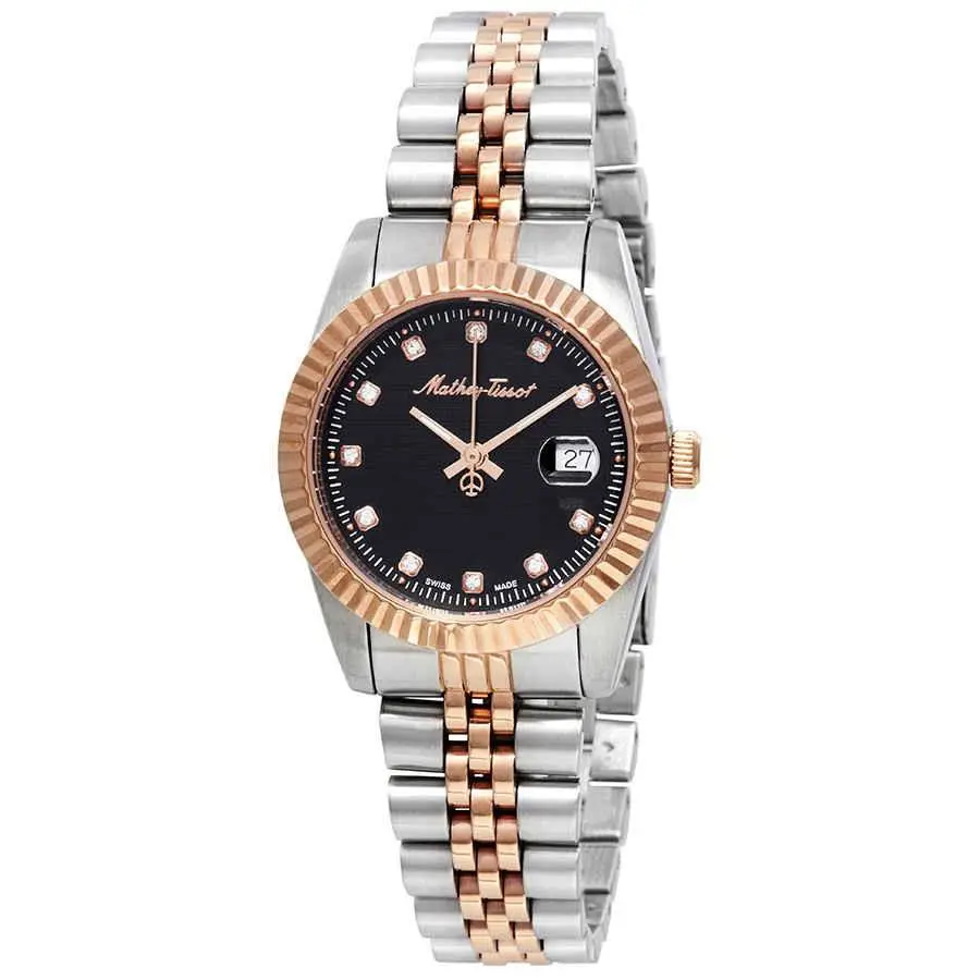 Mathey-tissot Mathey Iii Quartz Crystal Black Dial Ladies Watch D810RN - Dial: Black, Band: Two-tone (Silver-tone and Rose Gold PVD), Bezel: Silver-tone