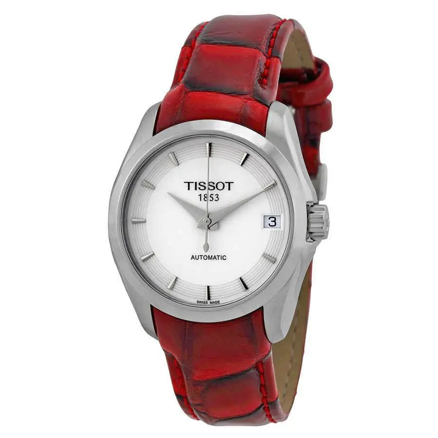 Tissot Couturier White Dial Red Leather Ladies Watch T035.207.16.011.01 - Dial: White, Band: Red, Bezel: Silver-tone