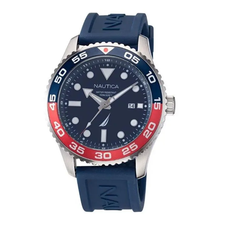 Nautica Pacific Beach Pepsi Watch Men`s Steel Blue Silicon Strap NAPPBF144