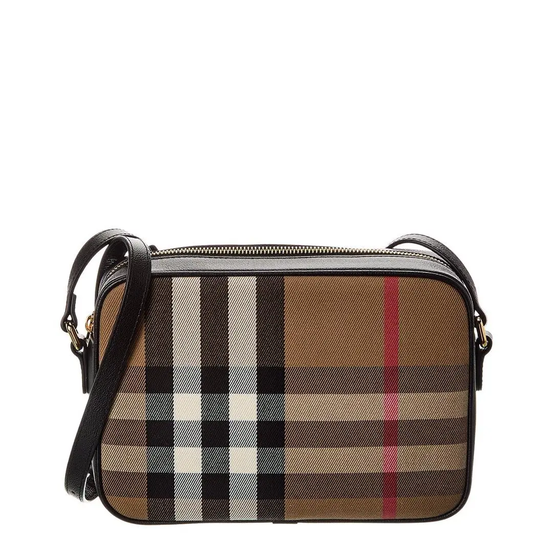 Burberry Check Canvas Leather Camera Bag Women`s Beige