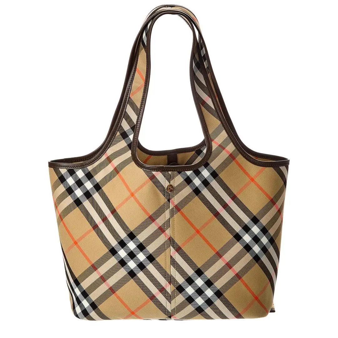 Burberry Check Canvas Leather Tote Pre-loved Women`s Brown