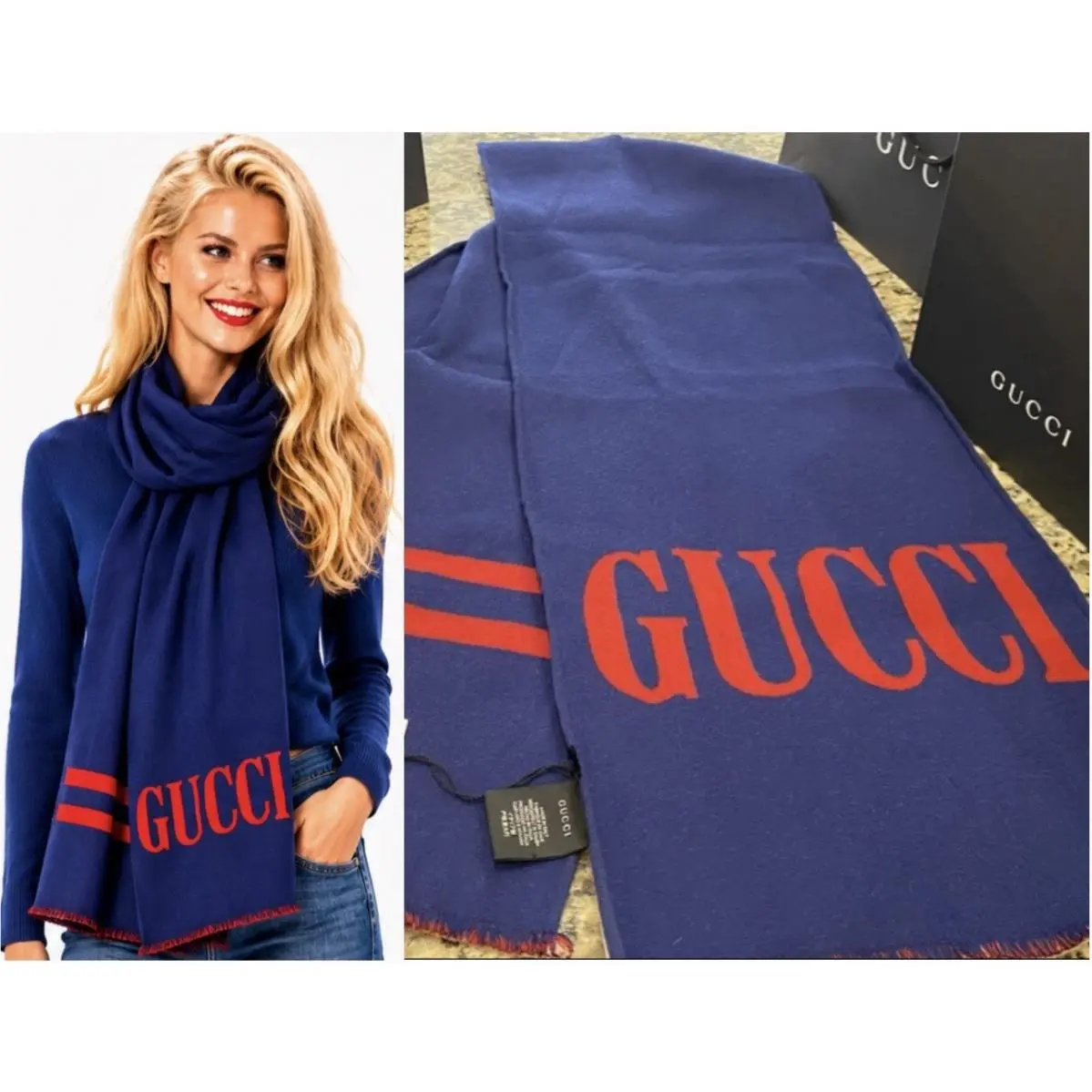 1K Gucci 2019 Blue GG Logo 75 Wool Pashmina Scarf Cape Box Gift Bag Osfa