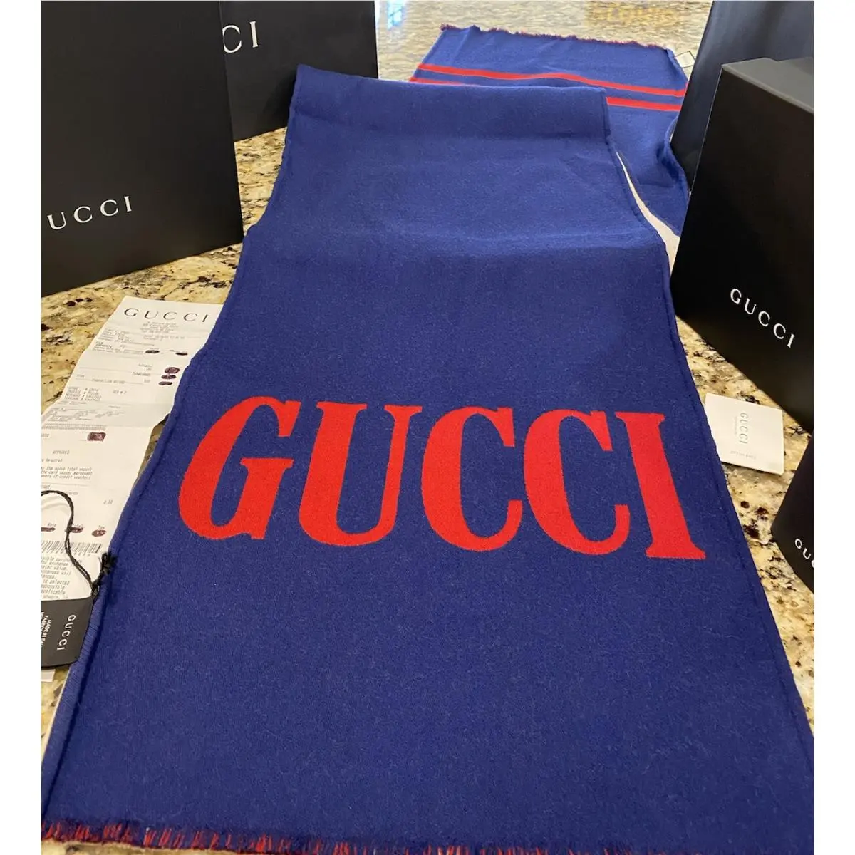 1K  2019 Blue GG Logo 75 Wool Pashmina Scarf Cape Box Gift Bag Osfa by Gucci