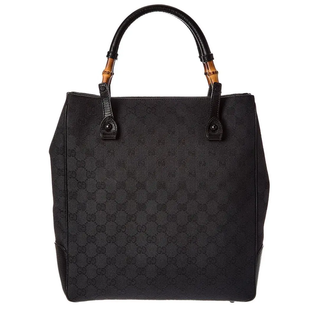 Gucci Black Gg Canvas Bamboo Handle Bag Pre-loved Women`s - Exterior: Black