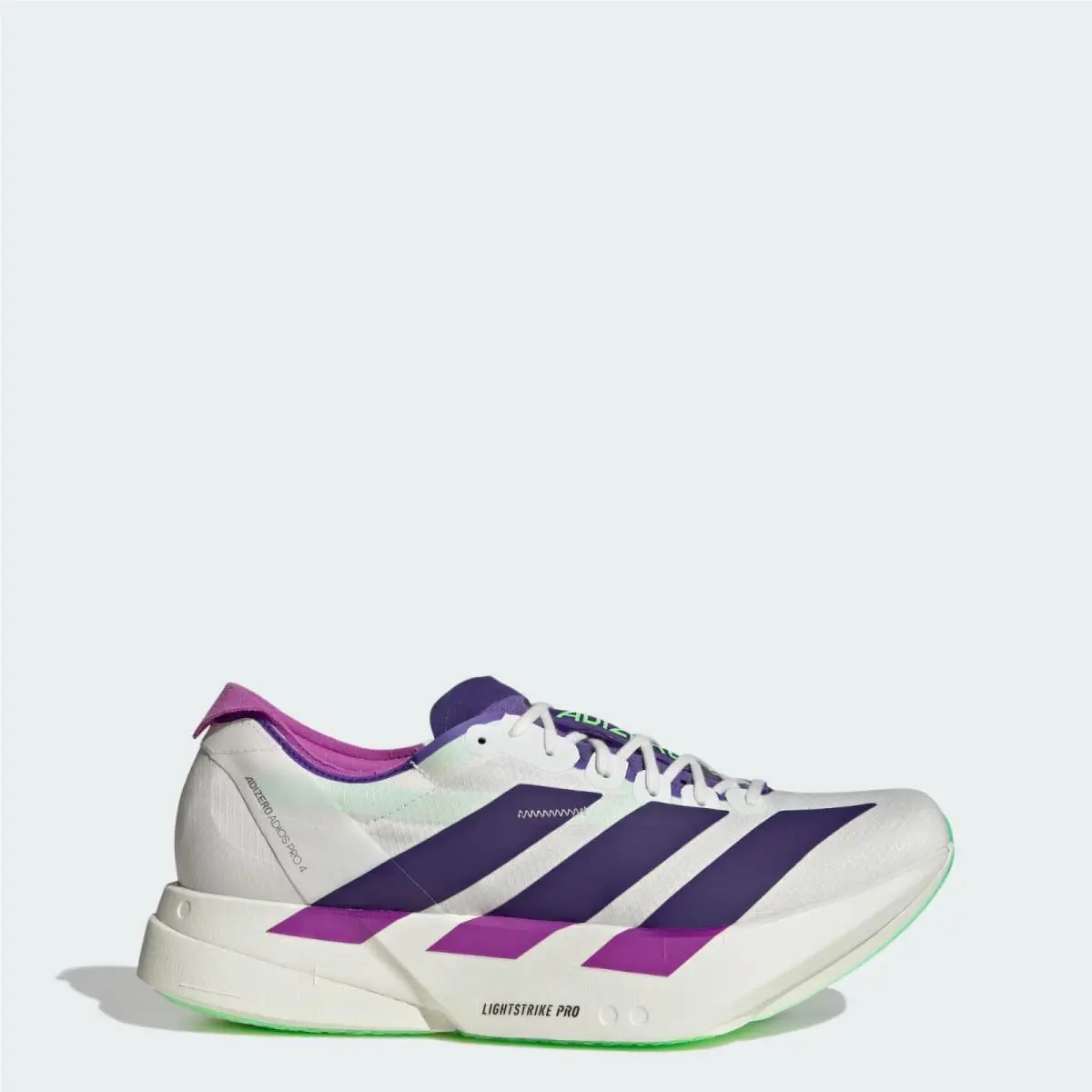 Men`s Adidas Adizero Adios Pro 4 Racing Shoes White / Purple /lime Sz 10 JR1656