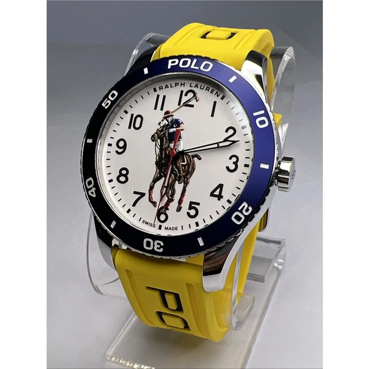 Ralph Lauren Pony Player 42mm White Dial Blue Bezel Yellow Band Automatic Watch