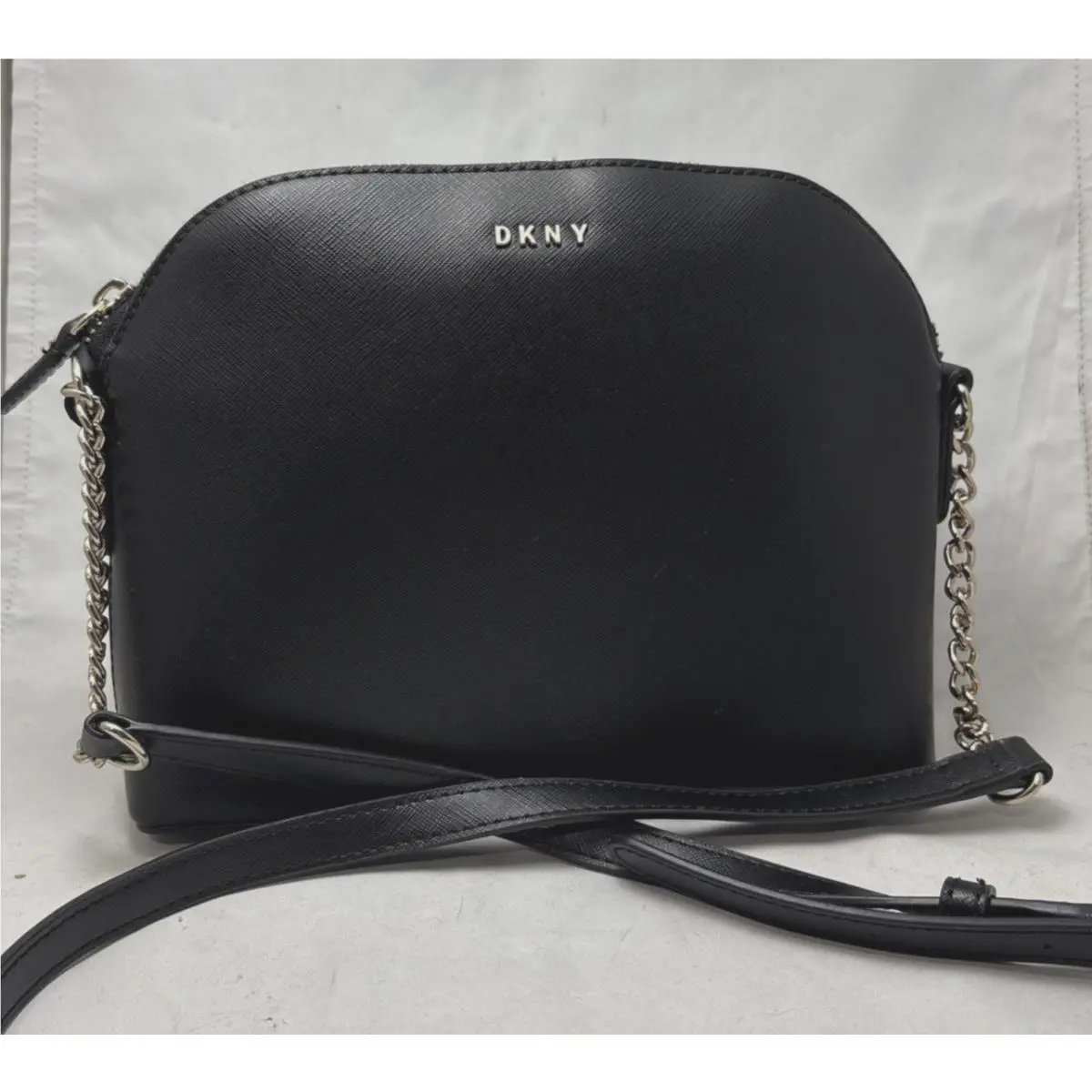 Dkny Black Saffiano Crossbody Bag Purse Gold Chain Buckle Adjustable Strap