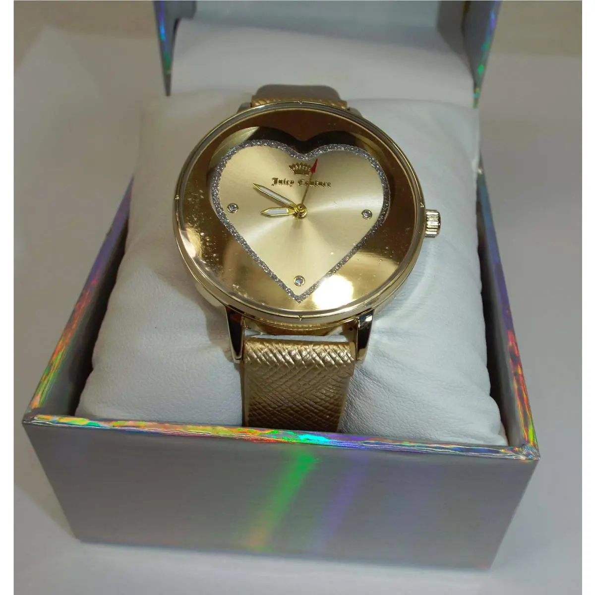Womens Juicy Couture Black Label Gold Heart Leather Band Box Watch