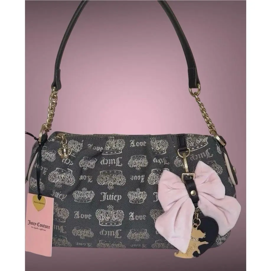 Juicy Couture Fan Club Crown Logo Pattern Satchel Bag Brown W/pink Bow